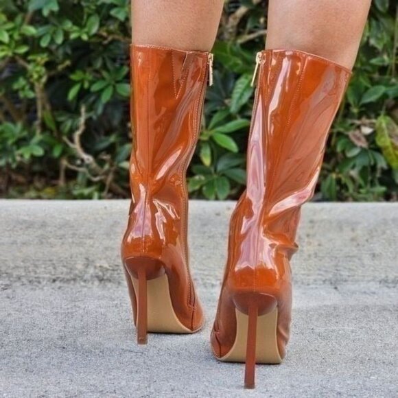 Women Mid Calf Square‎ Toe Heel Boot Tan Color - Picture 3 of 6